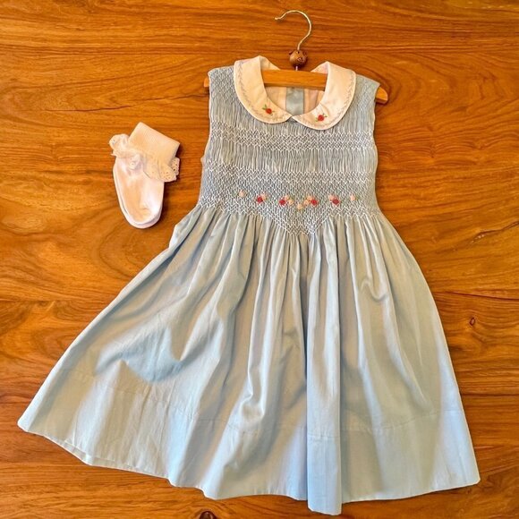 Solid Blue Smocked Dress Pink Rose Embroidery Peter Pan Collar & Sock Bundle - Picture 1 of 14